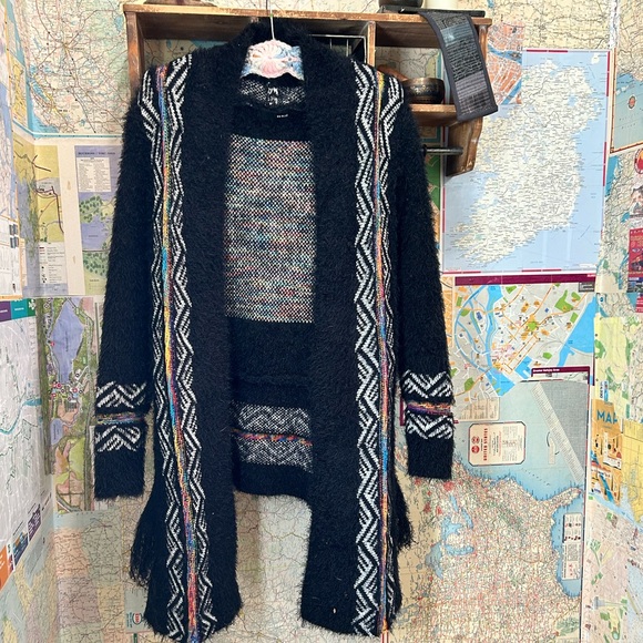 Boho Chic Fuzzy Knit Cardigan Sweater – Black with Aztec Pattern - Picture 1 of 9